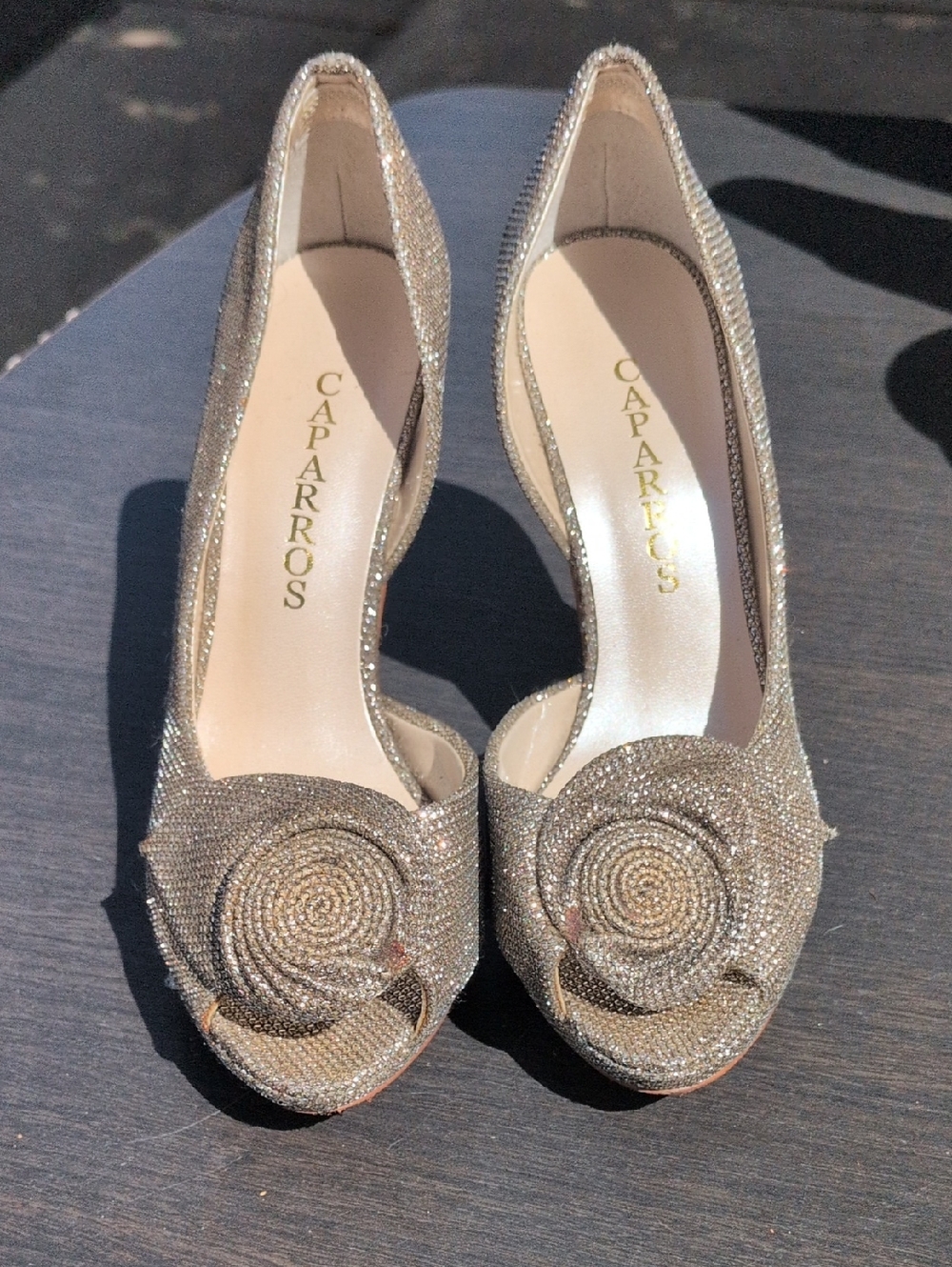 Caparros Gold Glitter Peep-Toe Heels with Rosette Accent